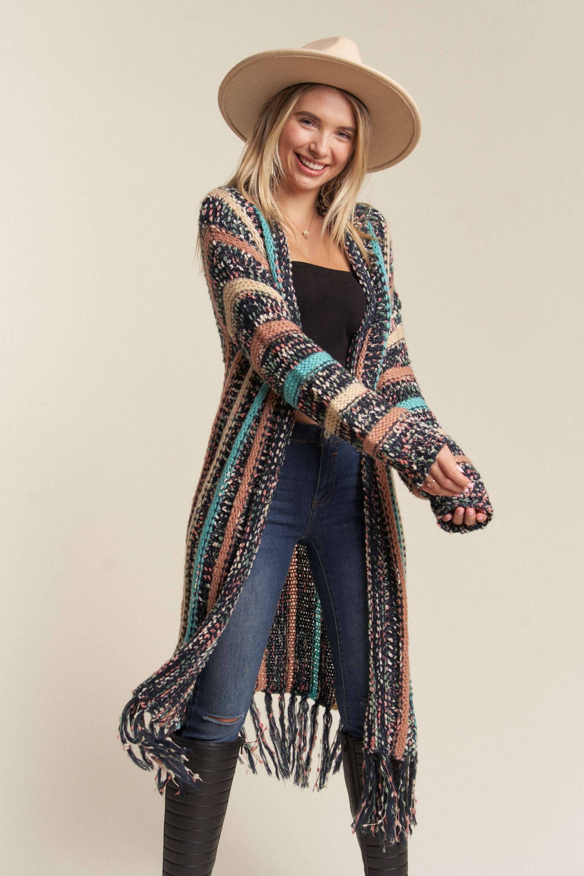 FRINGE HEM MULTI STRIPE CARDIGAN