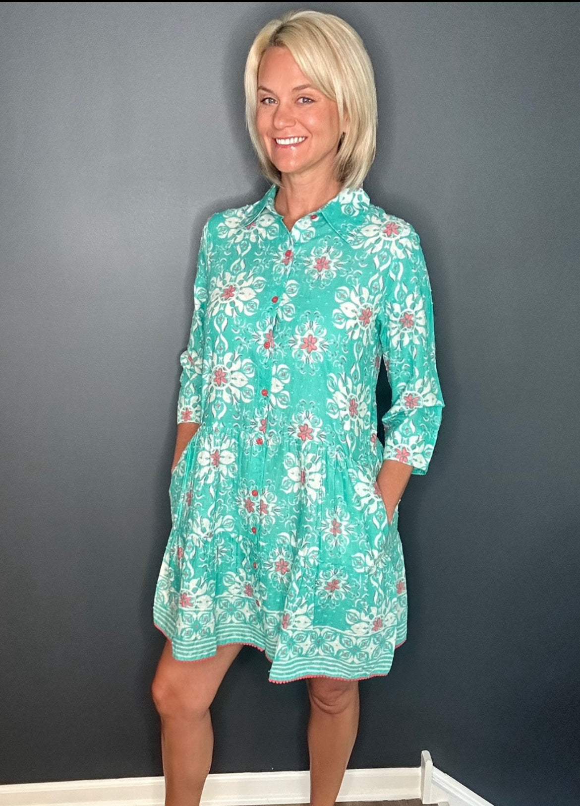 Model showcasing the Alcee Blue and White Resort Shirt Dress by ModaPosa, featuring side pockets, breathable cotton fabric, and boho summer style.