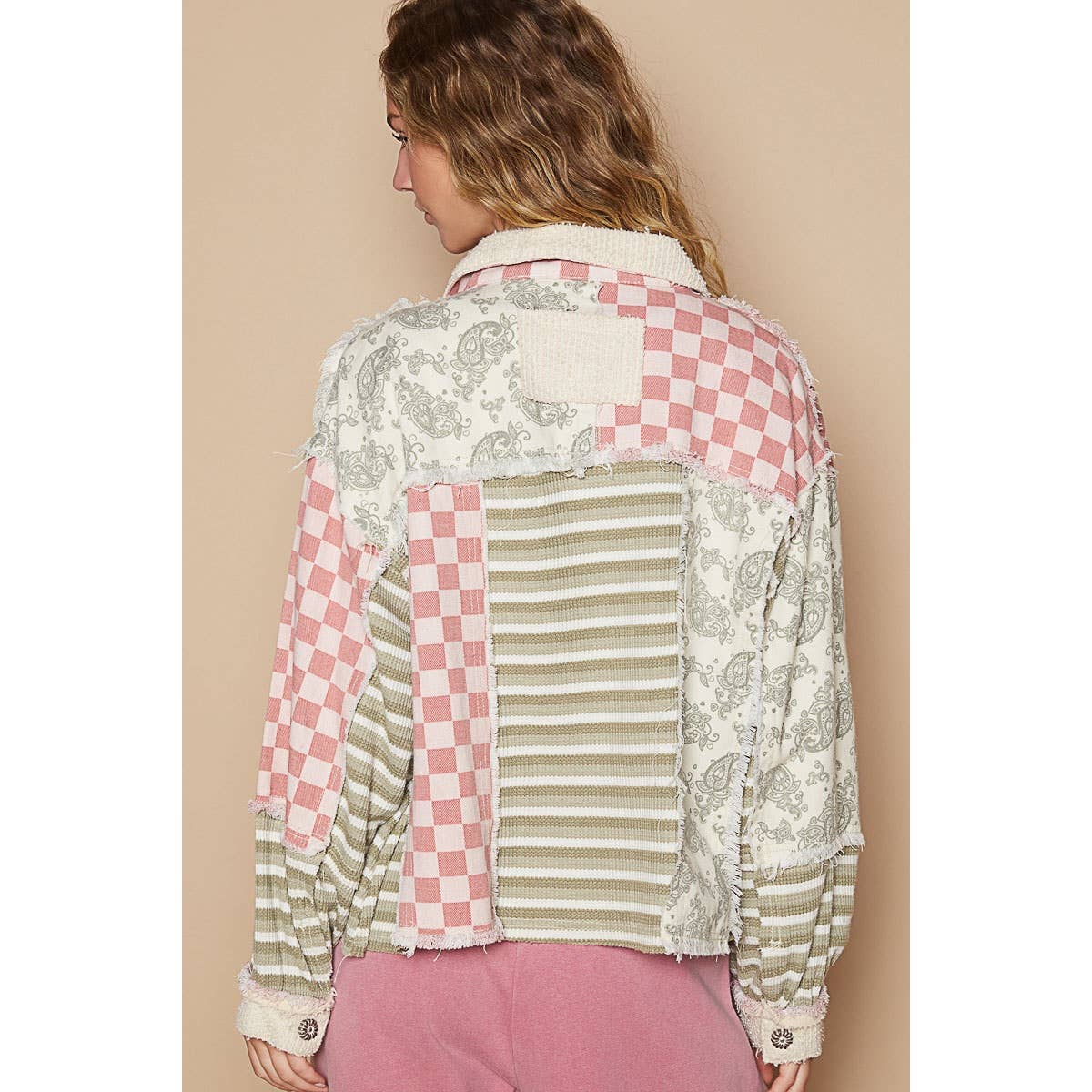 Back view of the Pol Clothing Stripe Pattern Casual Jacket showing the pink checkered, green striped, and paisley patchwork fabric design.
