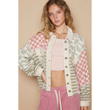 Close-up of the Pol Clothing Stripe Pattern Casual Jacket featuring a multi-fabric design with pink checkered, striped, and paisley patterns.