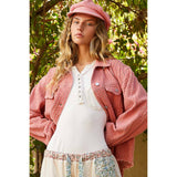 Model styled in the Pol Clothing Vintage Washed Textured Twill Jacket layered over a white top and floral-print pants, perfect for boho chic vibes.