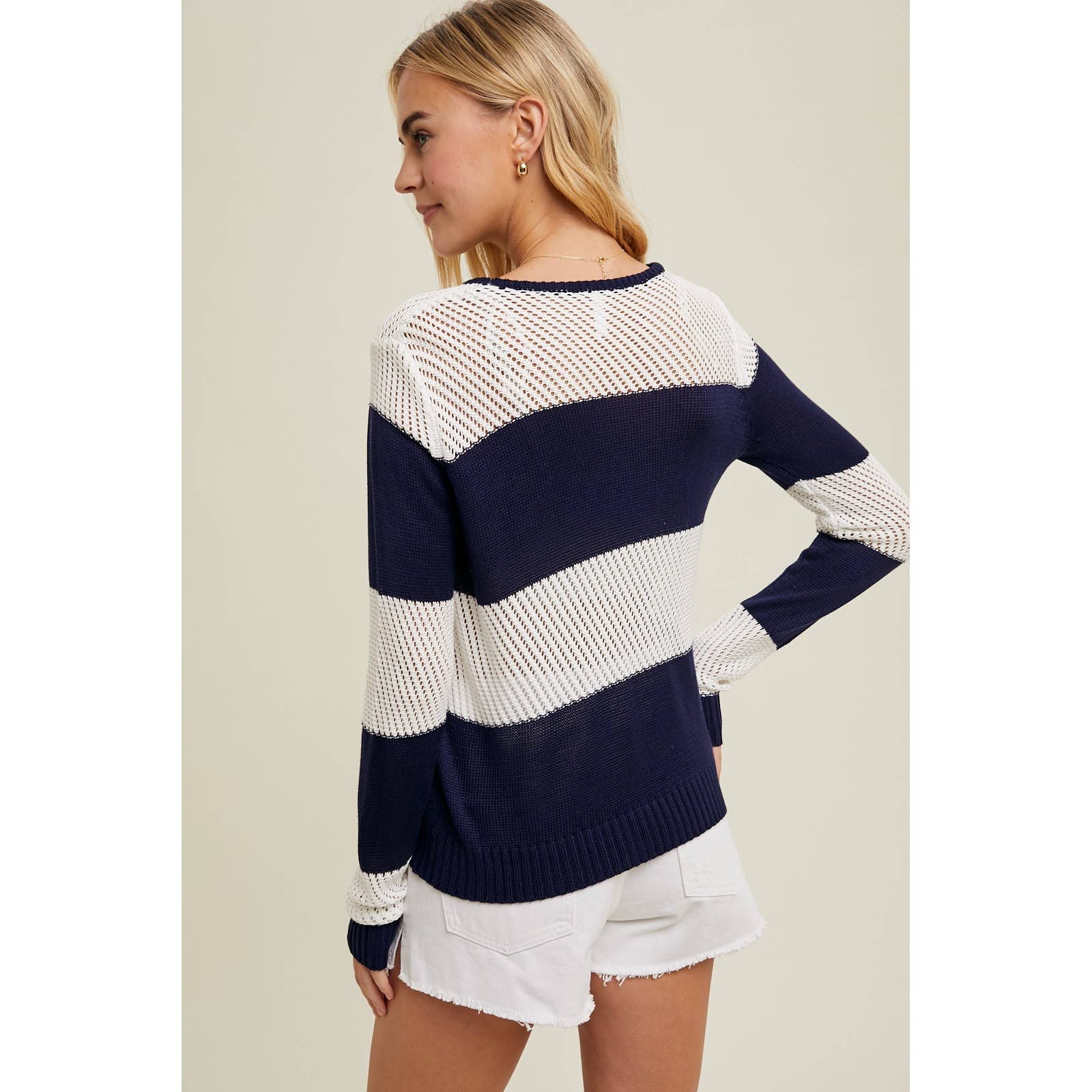 Back view of the Wishlist Beachy Embroidered Striped Sweater Top showing semi-sheer fabric and relaxed fit design.