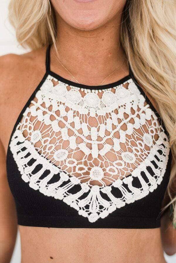 Close-up of the intricate crochet details on the Black High Neck Bralette by Three Bird Nest, perfect for boho layering.
