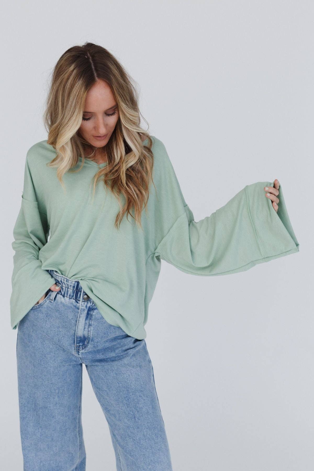 Love It V Neckline Sweater Top (Light Sage)