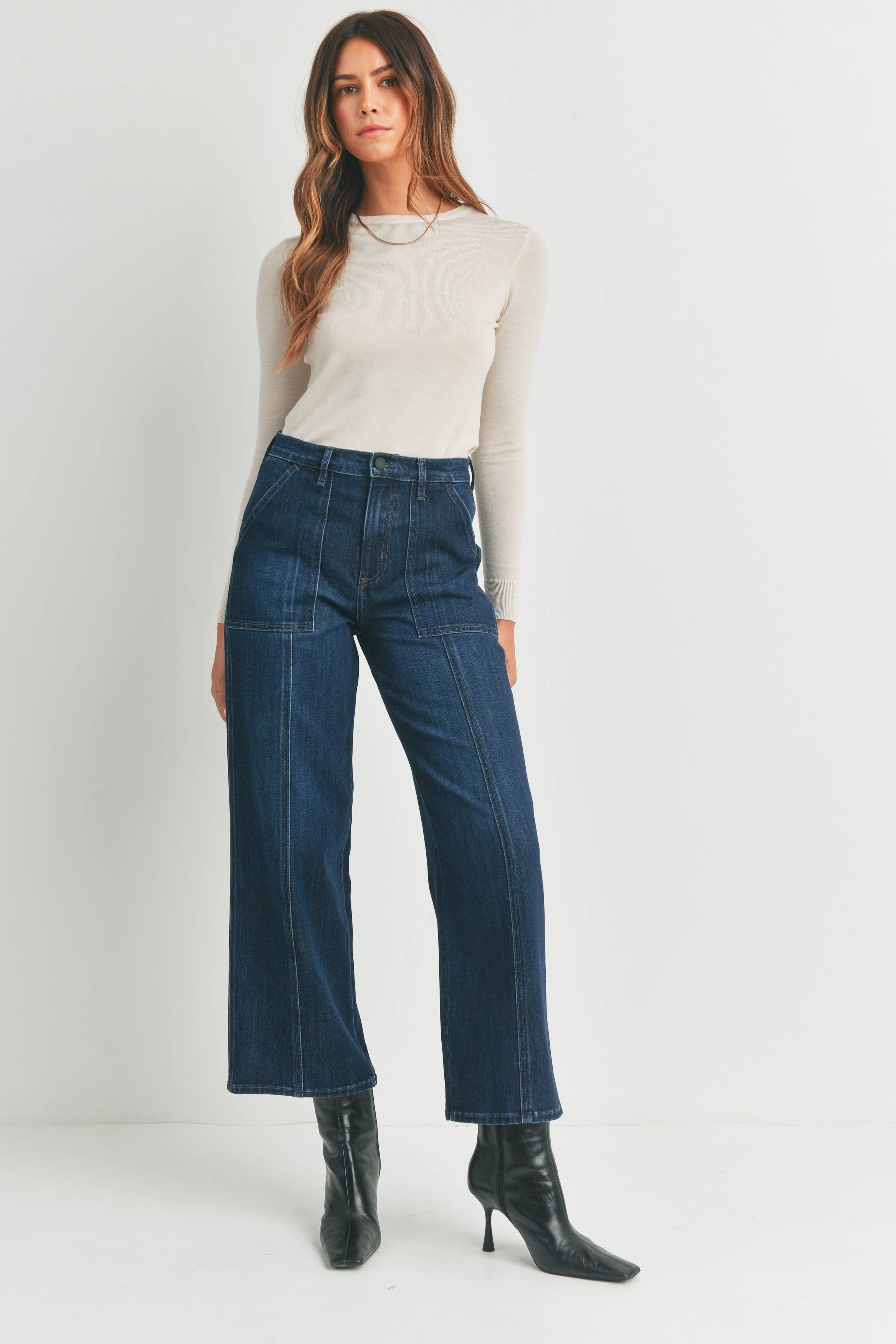 Front view of the DK Seamed Utility Straight Jeans by Just Black Denim in dark denim with utility seams.
