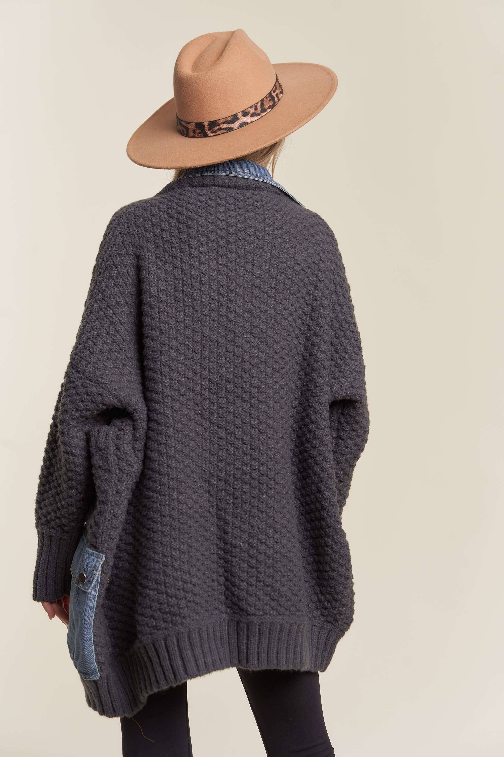 Back view of the Madelyn Denim Cardigan showing the textured knit design and relaxed fit.