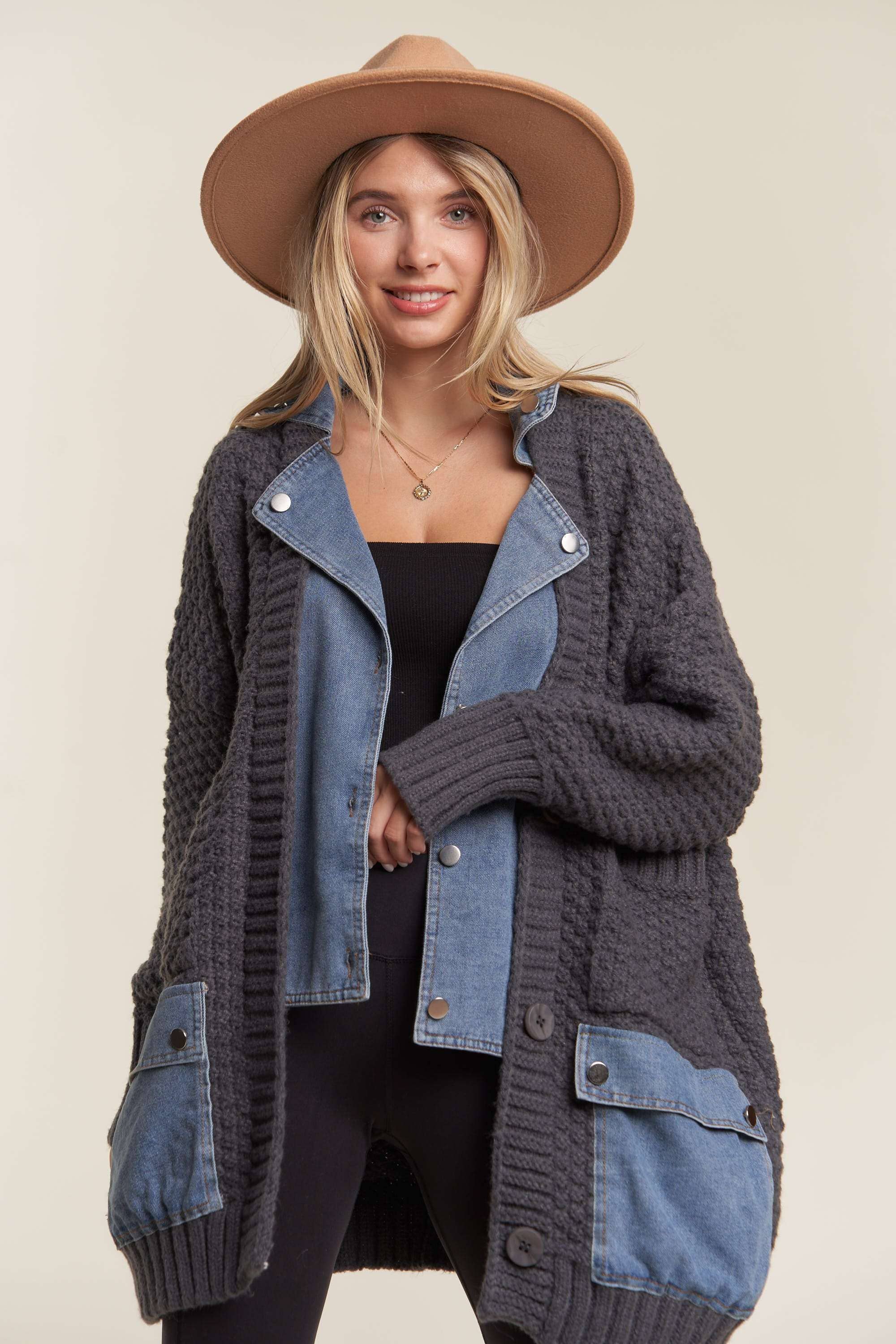 Front view of the Madelyn Denim Cardigan featuring denim accents and a button-down design.