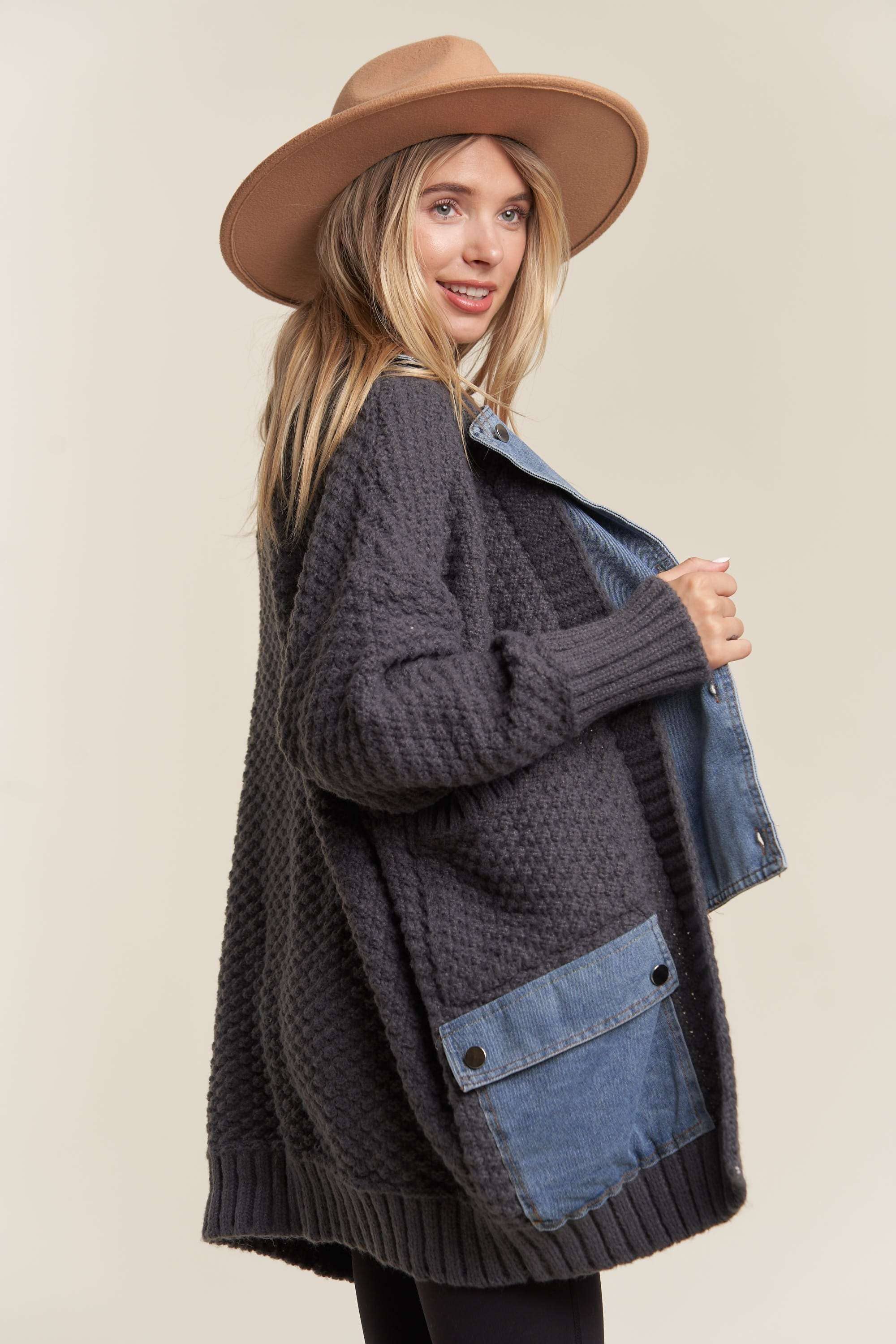 Side view of the Madelyn Denim Cardigan highlighting its denim contrast accents and cozy fit.