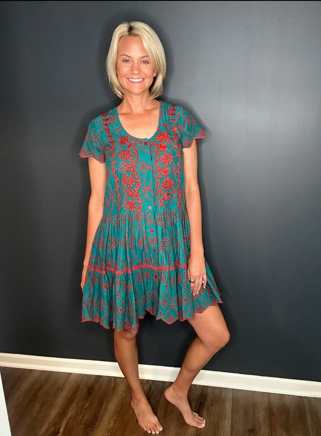 MODAPOSA Simonetta Hand Embroidered Fall Dress styled effortlessly, featuring floral embroidery, button-up detail, and a relaxed fit for a timeless boho look.
