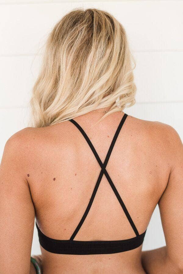 Back view of the Three Bird Nest Black Crochet High Neck Bralette featuring crisscross straps and a low-back design.