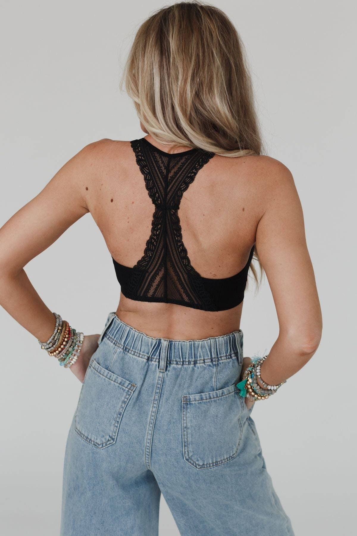 Back view of the Three Bird Nest Evermore Seamless Lace Racerback Bralette in black, showcasing intricate lace details.