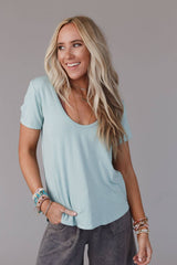 Close-up of the Three Bird Nest Scoop Neck Bralette Tee in washed seafoam, showing the scoop neckline and relaxed fit.
