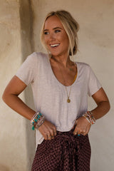 Front view of the Three Bird Nest Scoop Neck Bralette Tee in heather oatmeal, showcasing the scoop neckline and casual fit.