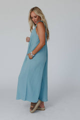 Side view of the Sea Foam Seraphina Jumpsuit from Three Bird Nest, highlighting the sleeveless cut and lightweight, flowy fabric for effortless style.