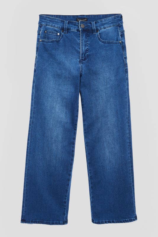 Flat lay of the Universal Standard Bae Boyfriend Crop Jeans in True Blue, showing the classic straight-leg cut and high-stretch denim.