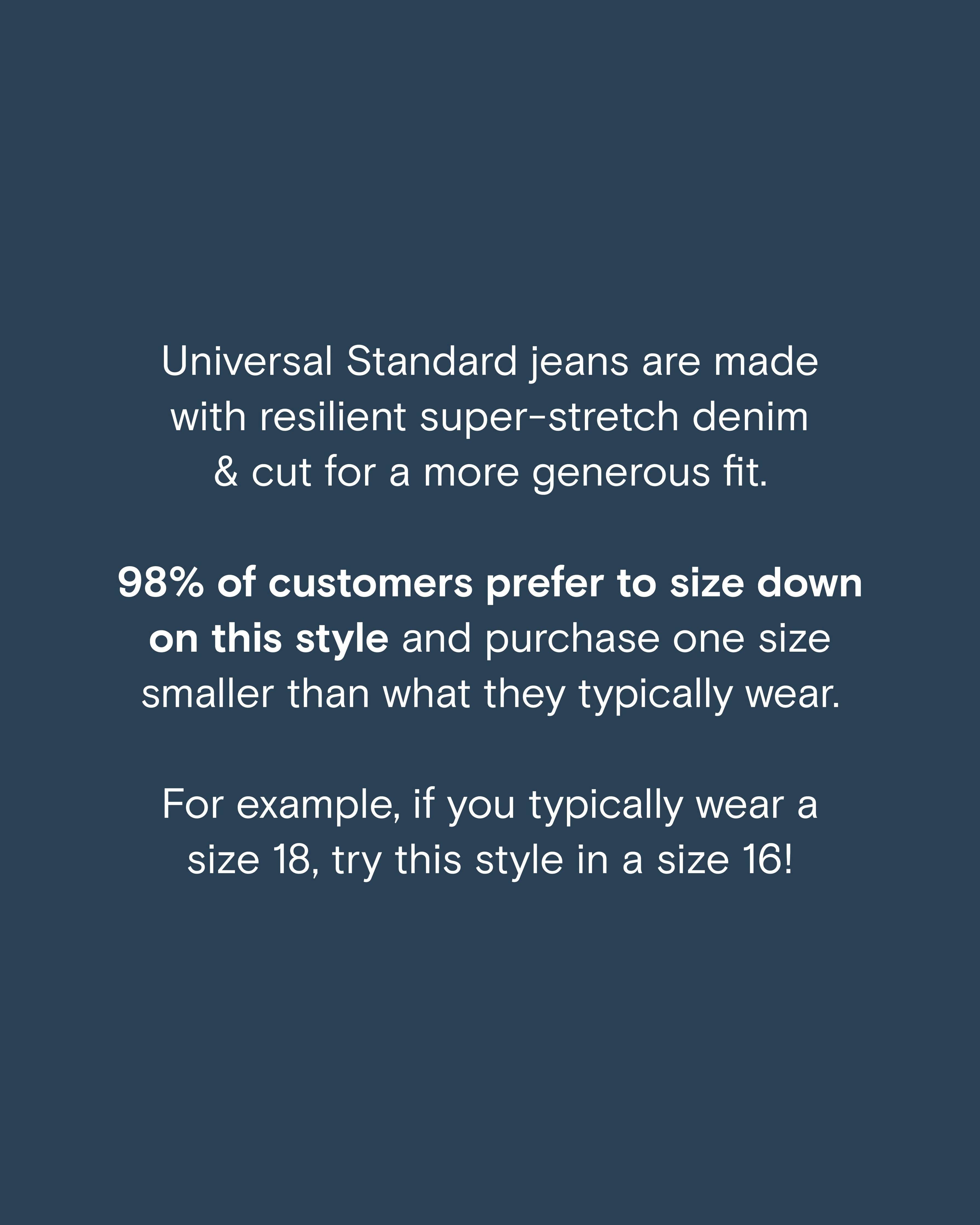 Sizing information for the Universal Standard Bae Boyfriend Crop Jeans in True Blue, advising to size down due to the generous fit.