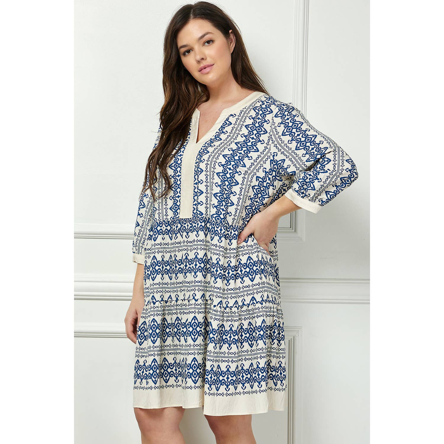Side view of the Winslow Collection long sleeve blue and white print dress in plus size, highlighting the relaxed fit and stylish print.